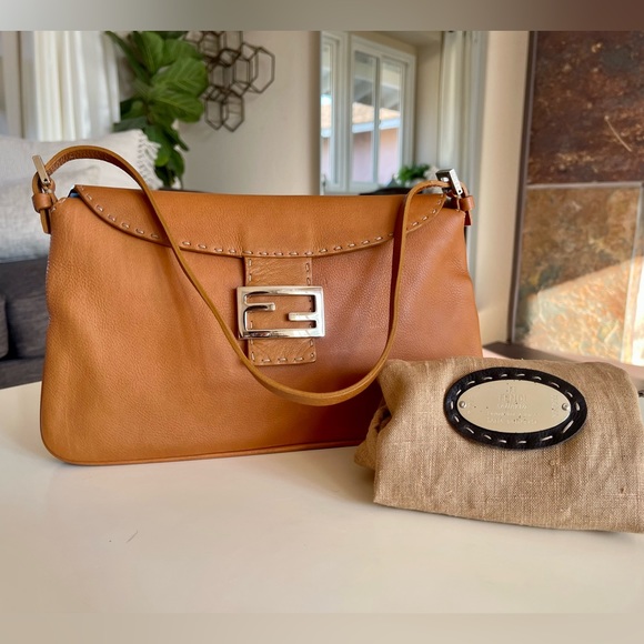 Fendi Handbags - Vintage FENDI Selleria Silver Double Flap Camel Baguette